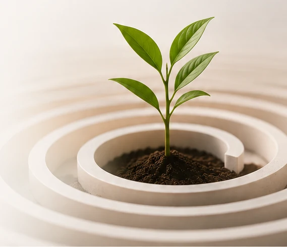 A young green plant growing within a structured circular form, representing focus and sustainable growth